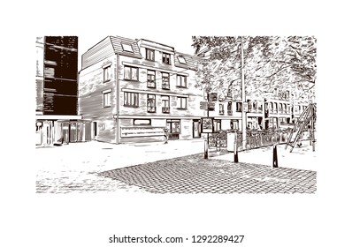 Building view with landmark of The Hague is a city on the North Sea coast of the western Netherlands. hand drawn sketch illustration in vector.
