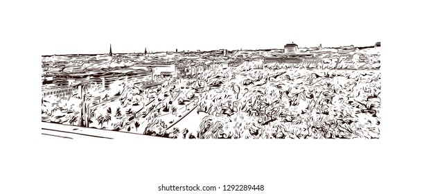 Building view with landmark of The Hague is a city on the North Sea coast of the western Netherlands. hand drawn sketch illustration in vector.