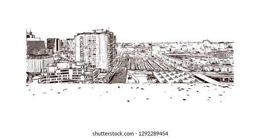 Building view with landmark of The Hague is a city on the North Sea coast of the western Netherlands. hand drawn sketch illustration in vector.