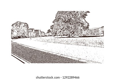 Building view with landmark of The Hague is a city on the North Sea coast of the western Netherlands. hand drawn sketch illustration in vector.