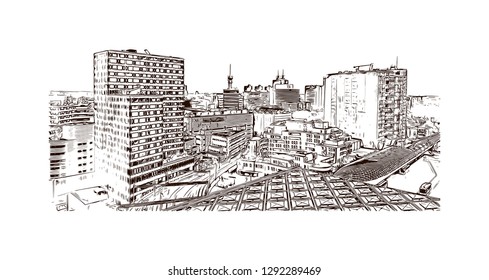 Building view with landmark of The Hague is a city on the North Sea coast of the western Netherlands. hand drawn sketch illustration in vector.