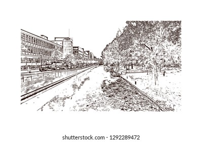 Building view with landmark of The Hague is a city on the North Sea coast of the western Netherlands. hand drawn sketch illustration in vector.