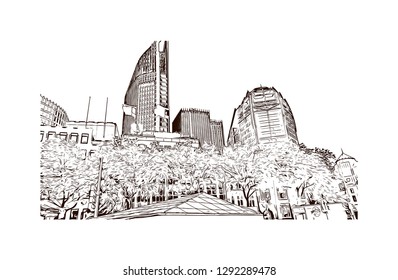 Building view with landmark of The Hague is a city on the North Sea coast of the western Netherlands. hand drawn sketch illustration in vector.