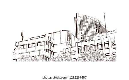 Building view with landmark of The Hague is a city on the North Sea coast of the western Netherlands. hand drawn sketch illustration in vector.