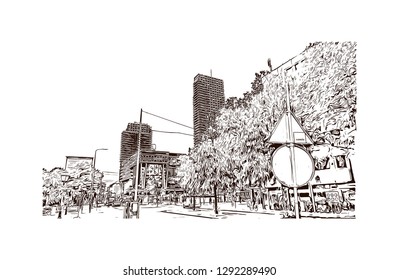 Building view with landmark of The Hague is a city on the North Sea coast of the western Netherlands. hand drawn sketch illustration in vector.