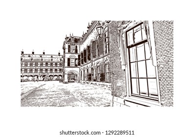 Building view with landmark of The Hague is a city on the North Sea coast of the western Netherlands. hand drawn sketch illustration in vector.