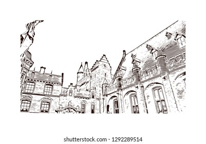 Building view with landmark of The Hague is a city on the North Sea coast of the western Netherlands. hand drawn sketch illustration in vector.