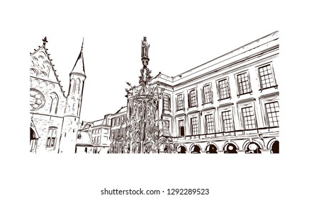 Building view with landmark of The Hague is a city on the North Sea coast of the western Netherlands. hand drawn sketch illustration in vector.