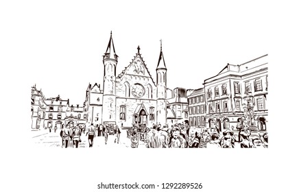 Building view with landmark of The Hague is a city on the North Sea coast of the western Netherlands. hand drawn sketch illustration in vector.