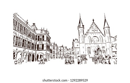 Building view with landmark of The Hague is a city on the North Sea coast of the western Netherlands. hand drawn sketch illustration in vector.