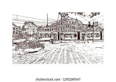 Building view with landmark of The Hague is a city on the North Sea coast of the western Netherlands. hand drawn sketch illustration in vector.