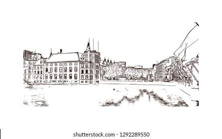 Building view with landmark of The Hague is a city on the North Sea coast of the western Netherlands. hand drawn sketch illustration in vector.