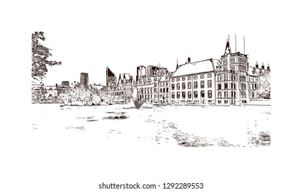 Building view with landmark of The Hague is a city on the North Sea coast of the western Netherlands. hand drawn sketch illustration in vector.