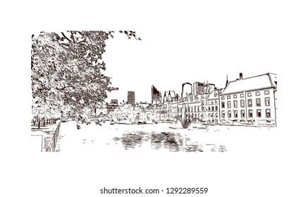 Building view with landmark of The Hague is a city on the North Sea coast of the western Netherlands. hand drawn sketch illustration in vector.