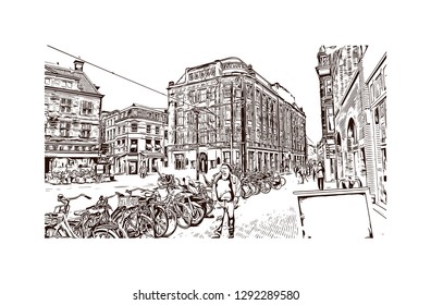 Building view with landmark of The Hague is a city on the North Sea coast of the western Netherlands. hand drawn sketch illustration in vector.