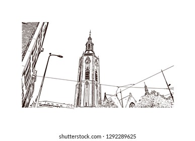 Building view with landmark of The Hague is a city on the North Sea coast of the western Netherlands. hand drawn sketch illustration in vector.