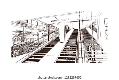 Building view with landmark of The Hague is a city on the North Sea coast of the western Netherlands. hand drawn sketch illustration in vector.