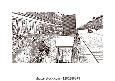 Building view with landmark of The Hague is a city on the North Sea coast of the western Netherlands. hand drawn sketch illustration in vector.