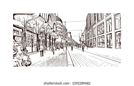 Building view with landmark of The Hague is a city on the North Sea coast of the western Netherlands. hand drawn sketch illustration in vector.