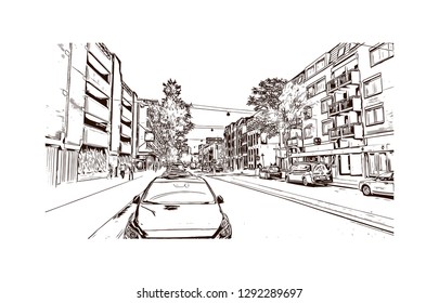 Building view with landmark of The Hague is a city on the North Sea coast of the western Netherlands. hand drawn sketch illustration in vector.