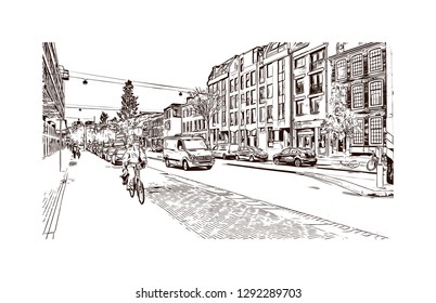 Building view with landmark of The Hague is a city on the North Sea coast of the western Netherlands. hand drawn sketch illustration in vector.