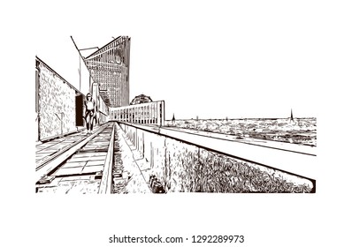 Building view with landmark of The Hague is a city on the North Sea coast of the western Netherlands. hand drawn sketch illustration in vector.