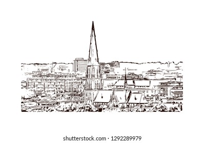 Building view with landmark of The Hague is a city on the North Sea coast of the western Netherlands. hand drawn sketch illustration in vector.