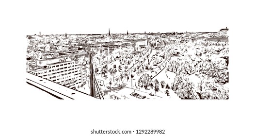 Building view with landmark of The Hague is a city on the North Sea coast of the western Netherlands. hand drawn sketch illustration in vector.