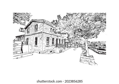 Building view with landmark of Haifa is the 
city in Israel. Hand drawn sketch illustration in vector.