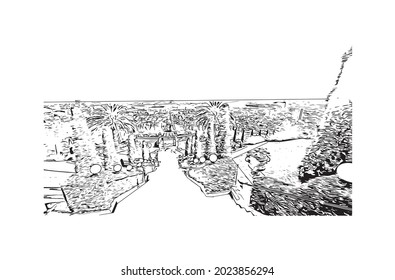 Building view with landmark of Haifa is the 
city in Israel. Hand drawn sketch illustration in vector.