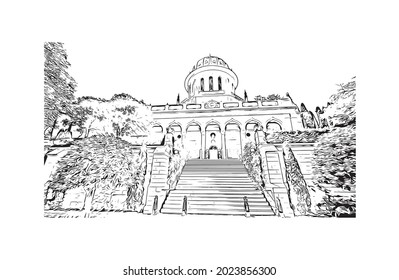 Building view with landmark of Haifa is the 
city in Israel. Hand drawn sketch illustration in vector.