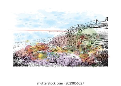 Building view with landmark of Haifa is the 
city in Israel. Watercolor splash with hand drawn sketch illustration in vector.