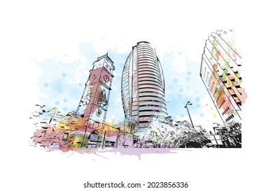 Building view with landmark of Haifa is the 
city in Israel. Watercolor splash with hand drawn sketch illustration in vector.