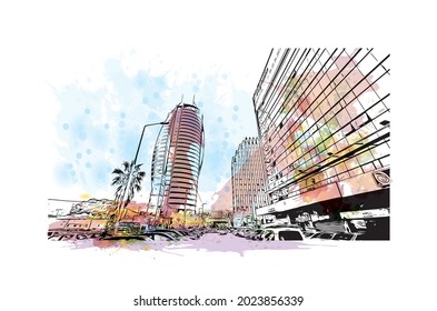 Building view with landmark of Haifa is the 
city in Israel. Watercolor splash with hand drawn sketch illustration in vector.