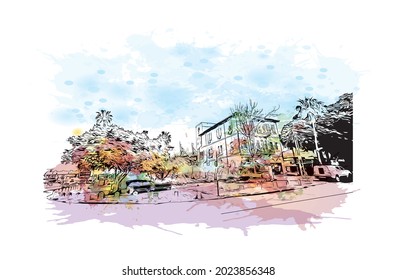 Building view with landmark of Haifa is the 
city in Israel. Watercolor splash with hand drawn sketch illustration in vector.