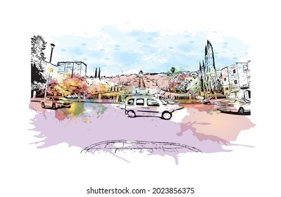 Building view with landmark of Haifa is the 
city in Israel. Watercolor splash with hand drawn sketch illustration in vector.