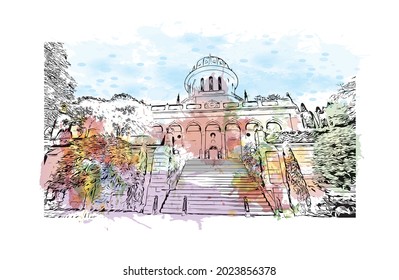 Building view with landmark of Haifa is the 
city in Israel. Watercolor splash with hand drawn sketch illustration in vector.