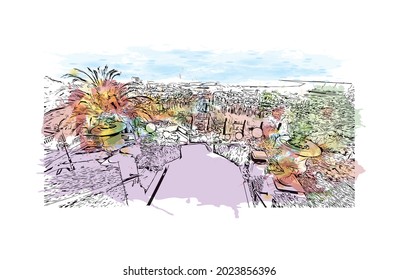 Building view with landmark of Haifa is the 
city in Israel. Watercolor splash with hand drawn sketch illustration in vector.