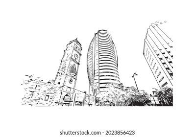 Building view with landmark of Haifa is the 
city in Israel. Hand drawn sketch illustration in vector.