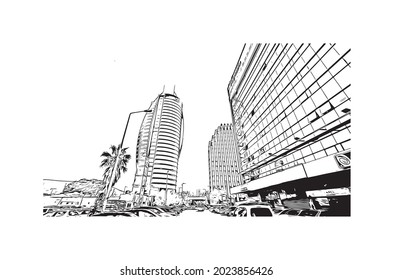 Building view with landmark of Haifa is the 
city in Israel. Hand drawn sketch illustration in vector.