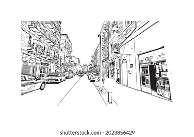 Construir vistas con el punto de referencia de Haifa es el 
ciudad de Israel. Dibujo a mano de ilustración de esbozo en vector.