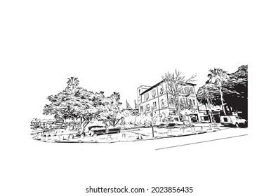 Building view with landmark of Haifa is the 
city in Israel. Hand drawn sketch illustration in vector.