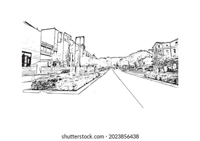 Building view with landmark of Haifa is the 
city in Israel. Hand drawn sketch illustration in vector.