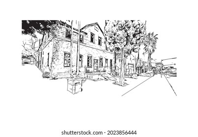 Building view with landmark of Haifa is the 
city in Israel. Hand drawn sketch illustration in vector.