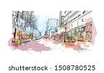 Building view with landmark of Halifax, an Atlantic Ocean port in eastern Canada, is the provincial capital of Nova Scotia. Watercolor splash with Hand drawn sketch illustration in vector.
