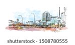 Building view with landmark of Halifax, an Atlantic Ocean port in eastern Canada, is the provincial capital of Nova Scotia. Watercolor splash with Hand drawn sketch illustration in vector.