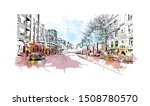 Building view with landmark of Halifax, an Atlantic Ocean port in eastern Canada, is the provincial capital of Nova Scotia. Watercolor splash with Hand drawn sketch illustration in vector.