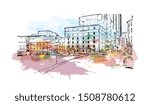 Building view with landmark of Halifax, an Atlantic Ocean port in eastern Canada, is the provincial capital of Nova Scotia. Watercolor splash with Hand drawn sketch illustration in vector.