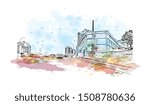 Building view with landmark of Halifax, an Atlantic Ocean port in eastern Canada, is the provincial capital of Nova Scotia. Watercolor splash with Hand drawn sketch illustration in vector.