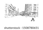 Building view with landmark of Halifax, an Atlantic Ocean port in eastern Canada, is the provincial capital of Nova Scotia. Hand drawn sketch illustration in vector.
